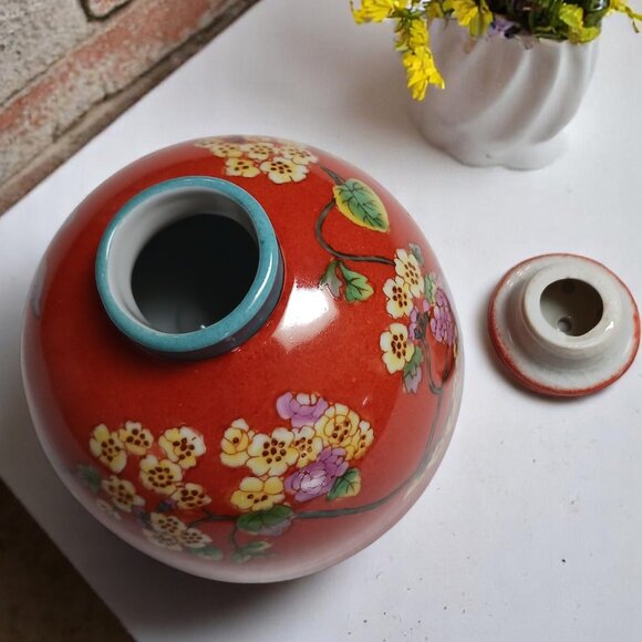 Vintage MCM Ceramic Flower Frog with Lid  Orange Rust Glaze Butterfly Floral - Picture 7 of 9